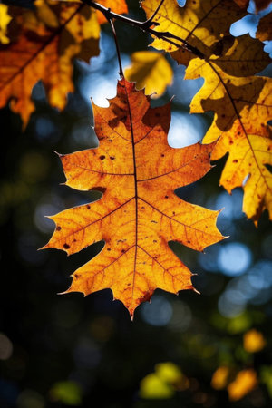 Close up of golden maple leaves in autumnの素材