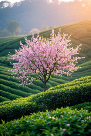Cherry blossoms in full bloom in the tea gardenの素材