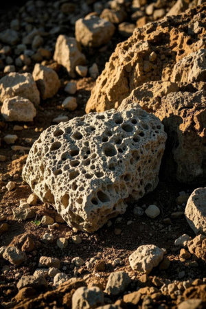 Close up of porous rocks on the groundの素材