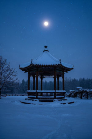 Chinese pavilion and bright moon on a snowy nightの素材