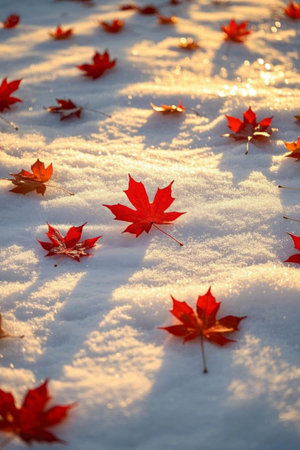Red maple leaves scattered on the snowの素材