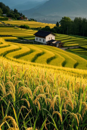 Golden rice fields and mountain hut sceneryの素材