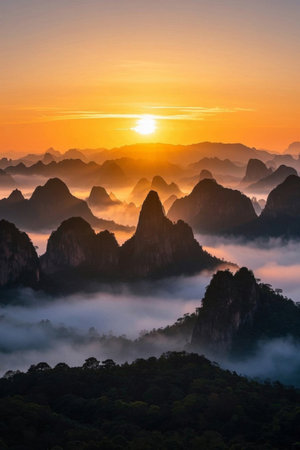 China's mountains see sunrise and sea of cloudsの素材