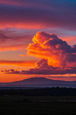Magnificent clouds and distant mountain scenery at sunsetの素材