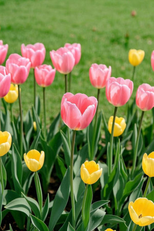Pink and yellow tulips in the grassの素材