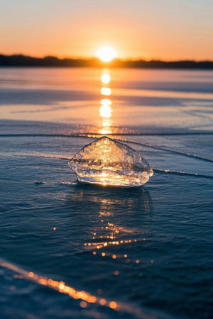 The transparent ice scene at sunset on the iceの素材