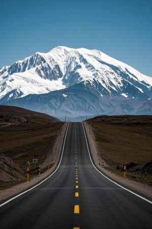 Snowy mountain scenery at the end of the roadの素材