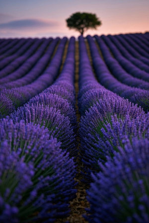 Purple lavender fields and isolated tree landscape in the distanceの素材