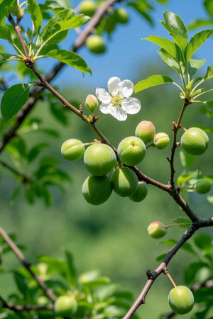 Close up of green fruits and white flowers on the branchesの素材
