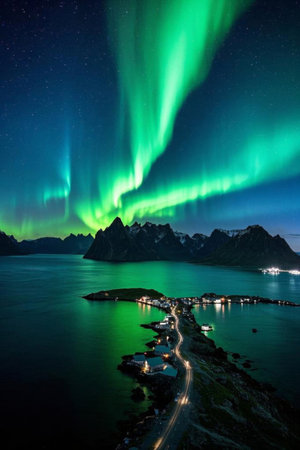 Aurora and coastal town under the Nordic night skyの素材