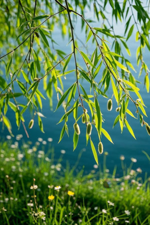 Weeping willow green leaves and meadow flower landscapeの素材
