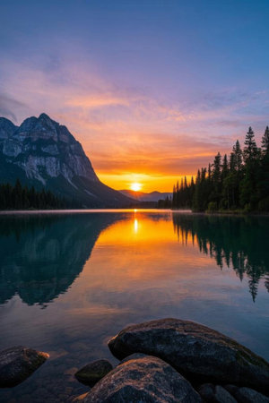 Lakefront mountain view sunrise natural sceneryの素材