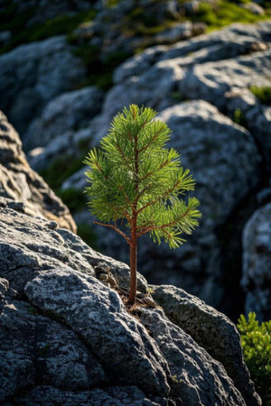 Small pine trees growing among rocksの素材
