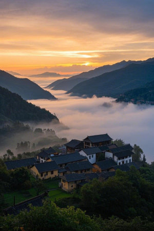 Mountain village sunrise sea of clouds landscapeの素材