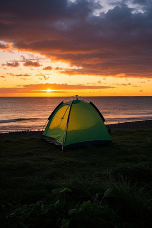 Sunset view of camping tents in seaside meadowsの素材