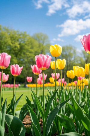 Colorful tulip fields blooming outdoorsの素材