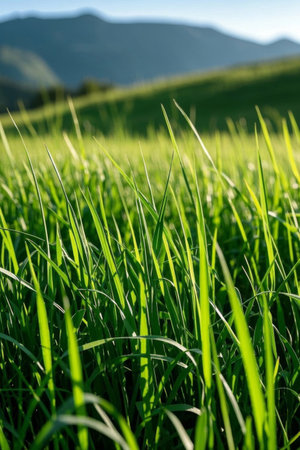 Close up green grassland and distant mountain landscapeの素材