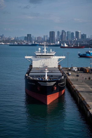Large cargo ships anchored in the portの素材