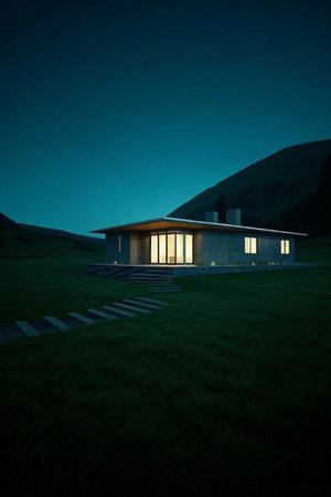 Modern style house next to a mountain meadowの素材