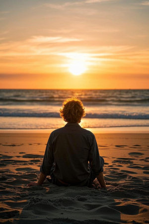 Man enjoying the sunset on the beachの素材