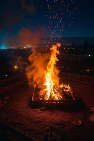 A roaring bonfire outdoors at nightの素材