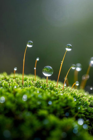 Close up of crystal dewdrops on mossの素材