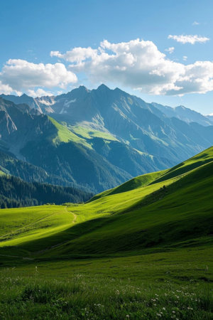 Green mountains, green grass, blue sky and white clouds natural sceneryの素材