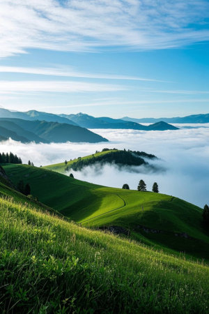 Green hillside in a sea of clouds among the mountainsの素材