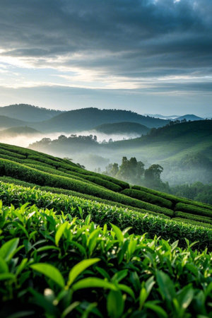 Tea plantations shrouded in mist in the mountainsの素材