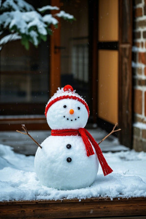 Snowman wearing hat and scarf standing outdoors in the snowの素材