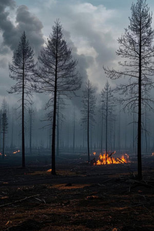 Thick smoke filled the scene at the forest fire sceneの素材