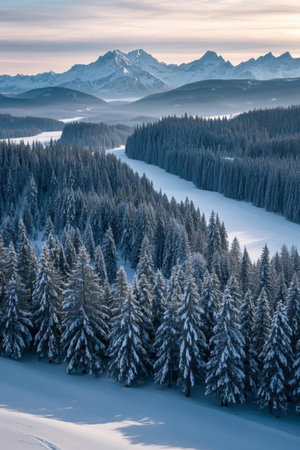 Panoramic view of the winter forest under the snow capped mountainsの素材