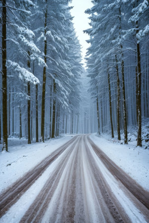 A scene of a forest road covered with snow in winterの素材
