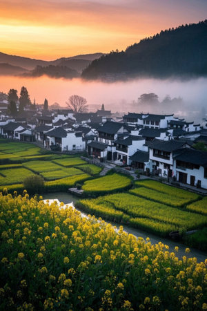 Rural rapeseed fields and residential sceneryの素材