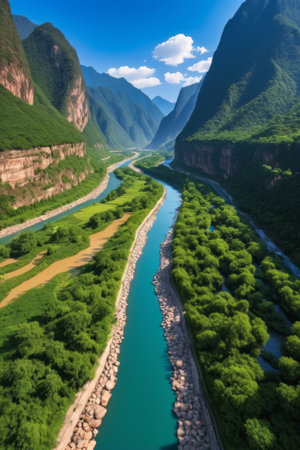 Natural scenery of winding rivers between valleysの素材