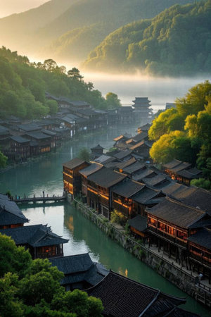 Ancient architectural landscape along the river in China's water townの素材