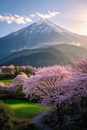 Pink cherry blossom landscape in bloom at the foot of the snow capped mountainsの素材