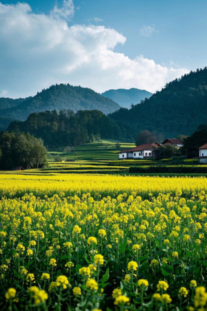 Rapeseed fields and houses in the mountains in springの素材