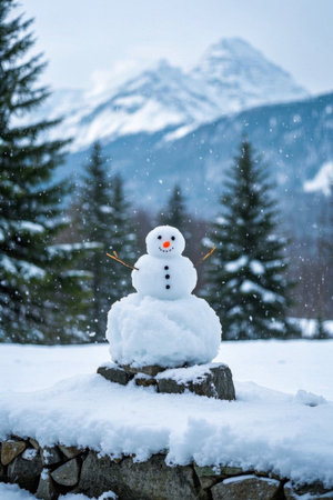 Cute snowman and snow scene under the snow mountainの素材
