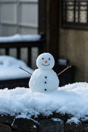 Cute little snowman on the stone wallの素材