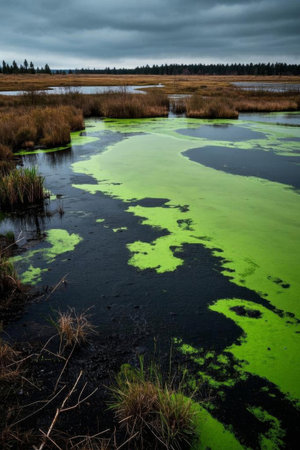 Green algae floating on the wetland water surfaceの素材