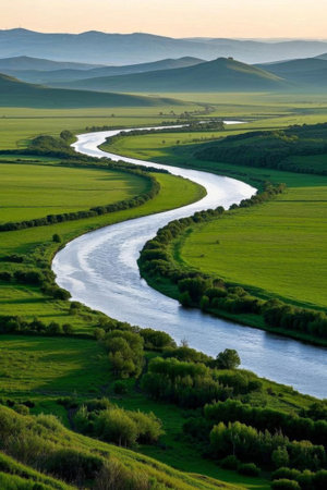 Grassland winding river natural sceneryの素材