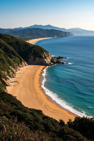 Beach scenery with mountains and seaの素材