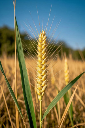 Full ears of wheat in golden wheat fieldsの素材