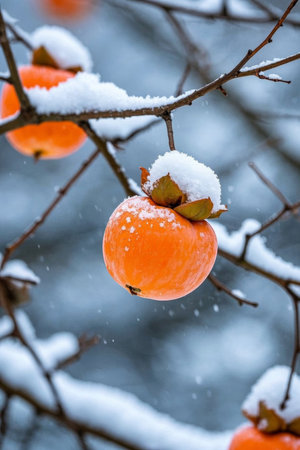Orange persimmons with snow covered branchesの素材