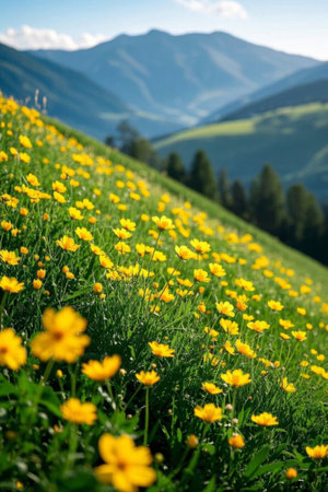 Yellow wildflowers blooming on the hillsideの素材