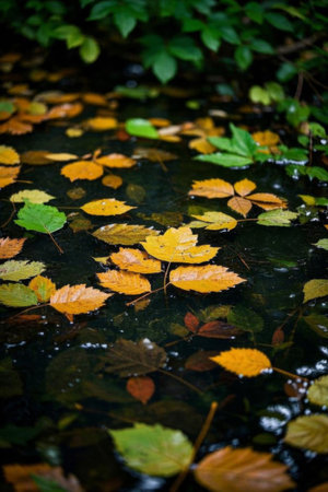 Autumn leaves floating on the waterの素材