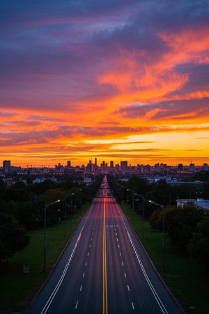 City road sunrise skyline viewの素材