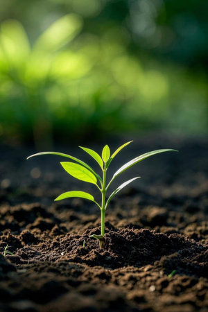 Young green seedlings emerging from the soilの素材
