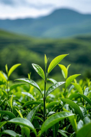 Tea garden close up view of tender green tea leavesの素材